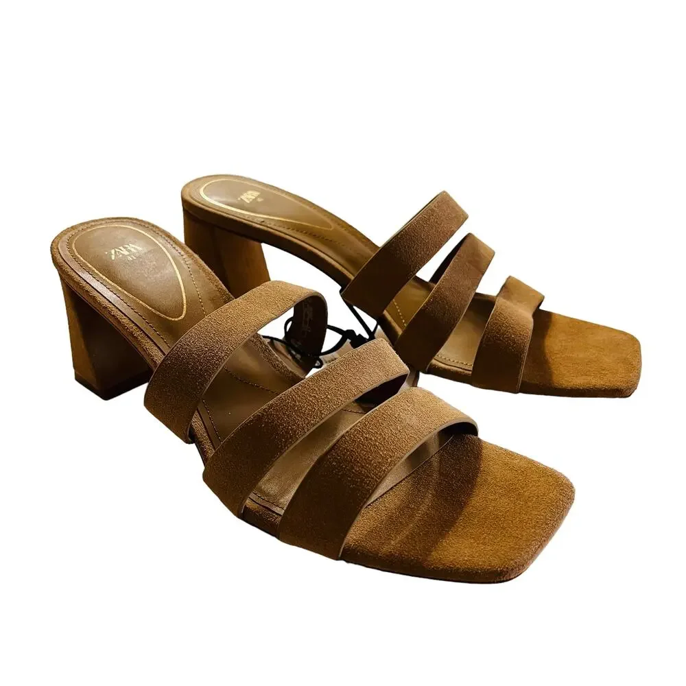 Zara Suede Triple Strap Block Heel Sandals Size 41 NWT Brown